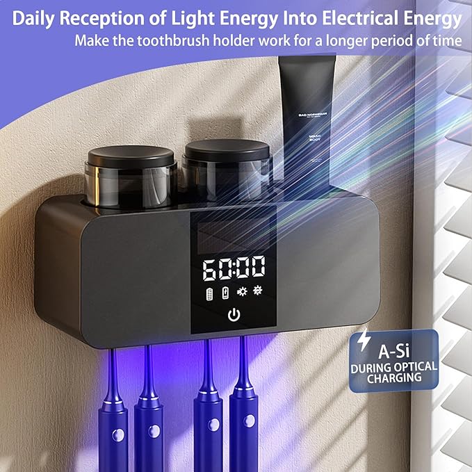 Toothbrush Holder Wall Mounted, 2 Cups Solar Powered Toothbrush Stand, Smart Toothbrush Holder with Cleaning and Drying, Cleaning Box with 4 Toothbrush Slot for Bathroom (Black - 2 Cup)