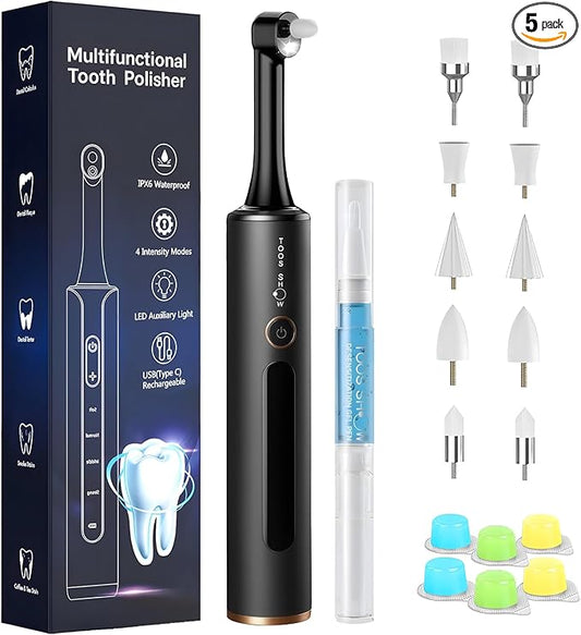 Tooth Polisher Kit with 4 Speed Modes, 5 Brush Heads, 6 Polishing Pastes & Desensitizing Gel,Rechargeable Electric Tooth Polishing Tool with LED Light & Travel Case, Home Use Teeth Whitening Cleaner