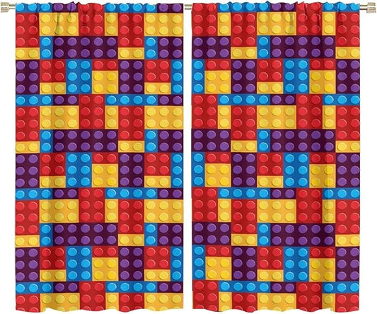 Building Block Colored Curtains, Children's Themed Curtains Collection Building Block Patchwork Cartoon Print Curtains, Light Trim 2 Panel Set Rod Pockets 72x63in