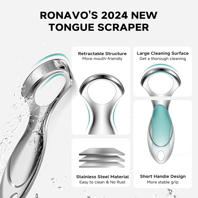 RONAVO Tongue Scraper for Adults, Metal Tongue Cleaner (2024) Tongue Coating Removal Bad Breath Care, Tongue Scraper with Black Carrying Case for Travel & Business Trips, Portable Storage