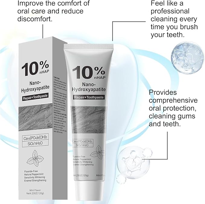 Hydroxyapatite Toothpastes, 10% Nano-Hydroxyapatite Toothpaste, Fluoride-Free Toothpaste, Gentle on Sensitive Teeth Strengthens Enamel (1)