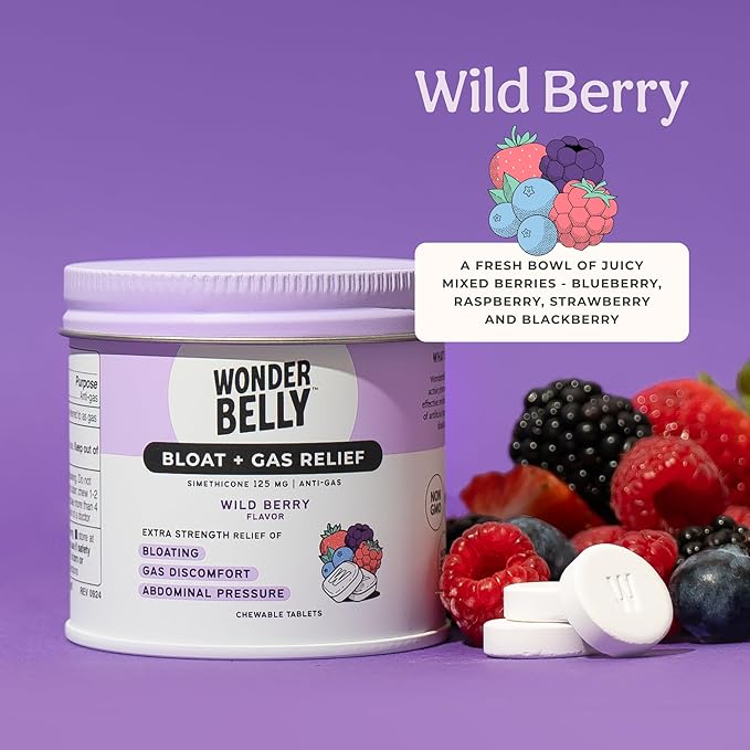 Wonderbelly Bloat Gas Relief Extra Strength Chewable Tablets with 125 mg Simethicone No Talc or Dye Wild Berry 35 Count
