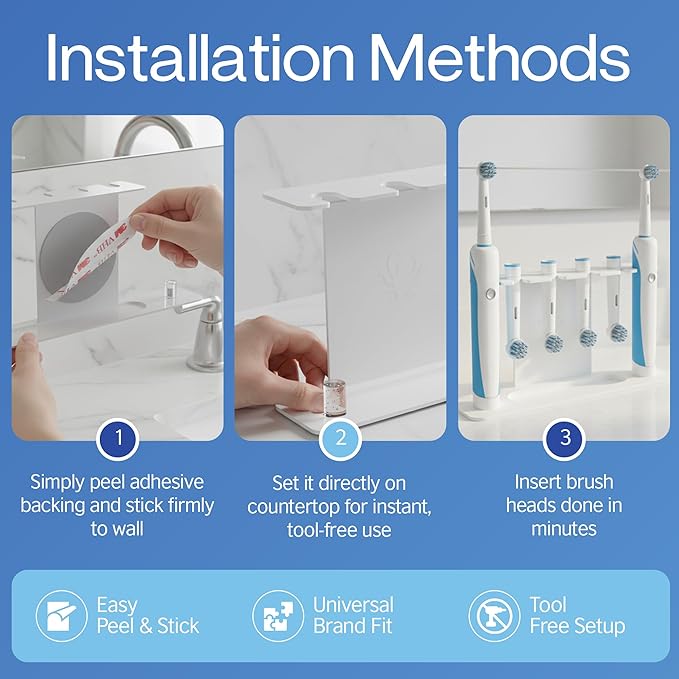 Compatible with Oralb Accessories, Stainless Steel Electric Toothbrush Heads Holder and Oralb Accessories Organizer, Adhesive or Free-Standing Installation (Electric Toothbrush Heads Holder) - White