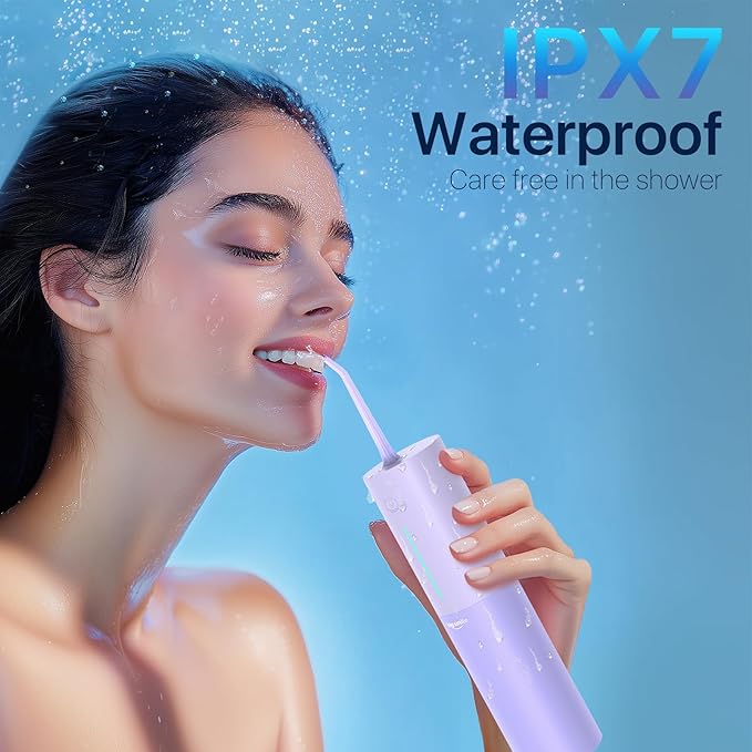 Powerful Cordless Water Flosser for Healthy Gums Rechargeable Dental Oral Irrigator for Daily Cleaning of Sensitive Gums, Orthodontic Braces to Help Prevent Infections and Bad Breath（Purple