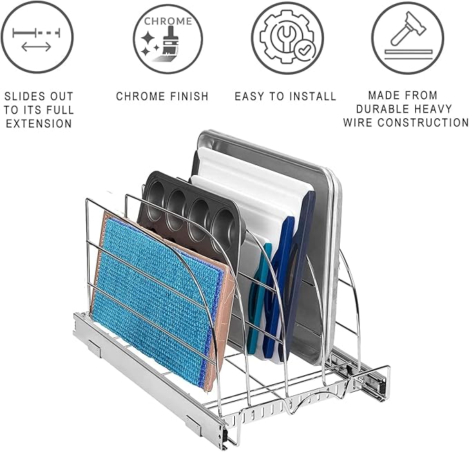 HOLDN’ STORAGE Pull Out Organizer for Bakeware, Cutting Board and Trays, Adjustable Dividers - Heavy Duty, Lifetime Limited Warranty - For Narrow Cabinet Spaces, 14.5”W x 21”D x 11”H, Chrome