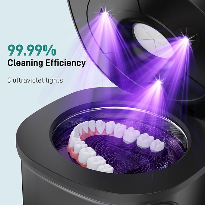 Ultrasonic Retainer Cleaner, Dental Cleaning Pod with U-V Lights, 45kHz Retainer Cleaner Machine for Dentures, Toothbrush Heads, Jewelry, Aligner, Night Mouth Guards (Black)