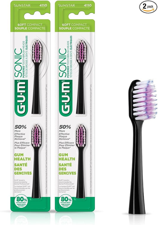 GUM Sonic Powered Toothbrush Refills, Tapered Bristles Clean Below The Gumline, Black 2ct. (Pack of 2)