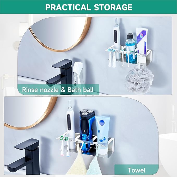 Electric Toothbrush Head Holders, Electric Toothbrush Holders Wall Mounted, Shower Electric Head Holder, Toothbrush and Toothpaste Holder, Tooth Brushing Holder for Bathroom (Silver, Large)