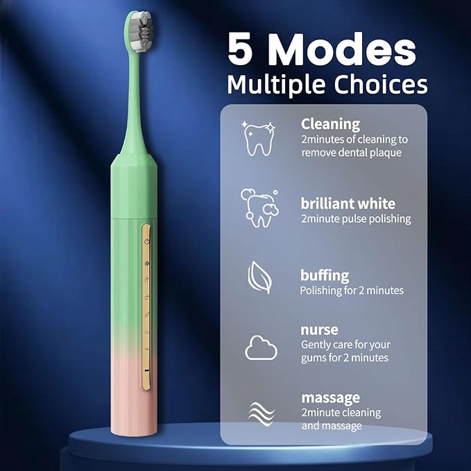 Lumivoid Sonic Electric Toothbrush 42000 Vibrations with 10 Brush Heads Suitable for Adults 30 Days of Use on a Single Charge,5 Modes Built-in 2-Minute Smart Timer, IPX8 Rated Waterproof (Green Pink)