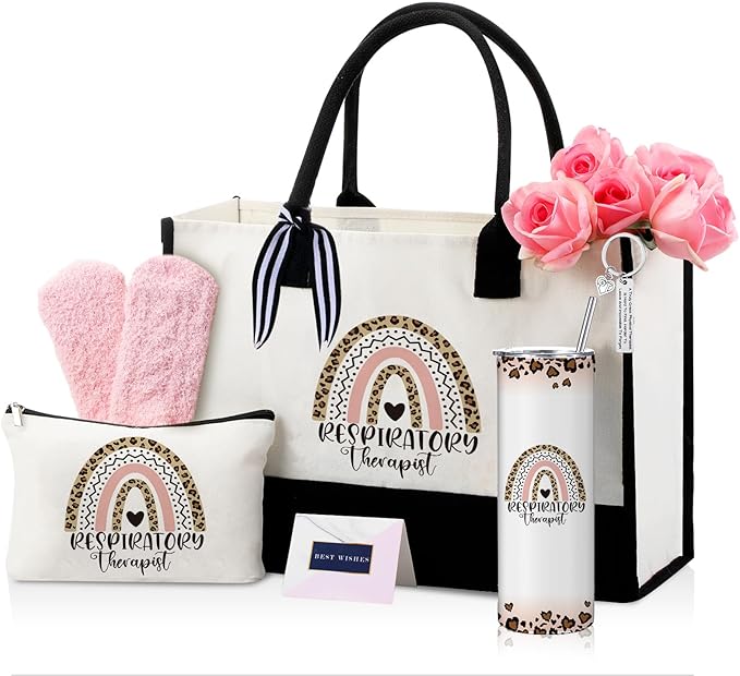 Geiserailie 8 Pcs Christmas Respiratory Therapist Gifts for Women Including Large Tote Bag Cosmetic Bags Tumbler Cup Plush Socks Metal Keychain Card and Envelope for Christmas RRT Thank You Gifts