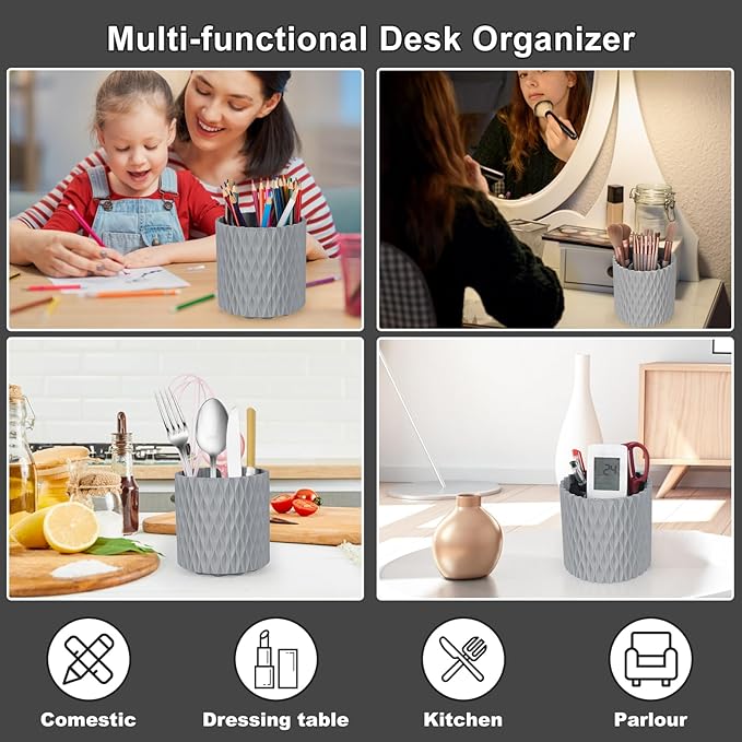 Makeup Brush Holder Organizer-360° Rotating Makeup Brush Storage,Pencil Pen Holder Cup,Desk Accessories,5 Slot Make up Brushes Cup, for Vanity Desktop Bathroom Countertop(Grey