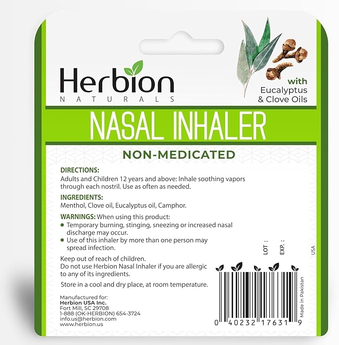 HERBION Naturals Nasal Inhaler, Natural Relief for Nasal Congestion & Sinus Pressure, Non-Medicated Sticks with Essential Oils, Menthol, Eucalyptus, Clove, Soothing Vapor, Easy Breathing, Pack of 2