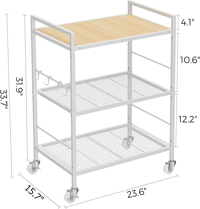XIVIRACK 3-Tier Metal Storage Rack with Industrial Wheels,Mesh Shelving Unit with Wooden Table top,Adjustable Shelf,23.6-Inch Width,15.8-Inch Depth, for Kitchen, Laundry,Pantry,Plant,white
