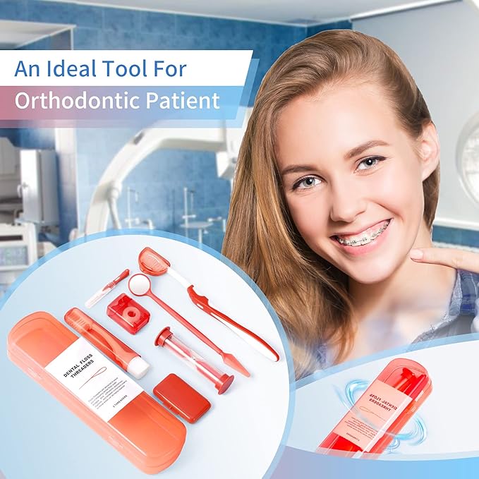 Annhua Braces Cleaning Kit Orthodontic Care Kit 8 Pack, Portable Tooth Cleaning Tools Family Oral Care Hygiene Set with Interdental Brush, Ortho Wax, Floss, Oral Mirror - Red