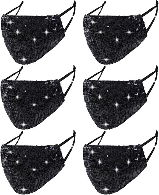 6 Pcs Washable Glitter Bling Women Face Mask. Breathable Reusable Adjustable Fashion Masquerade Facemasks With Pocket.