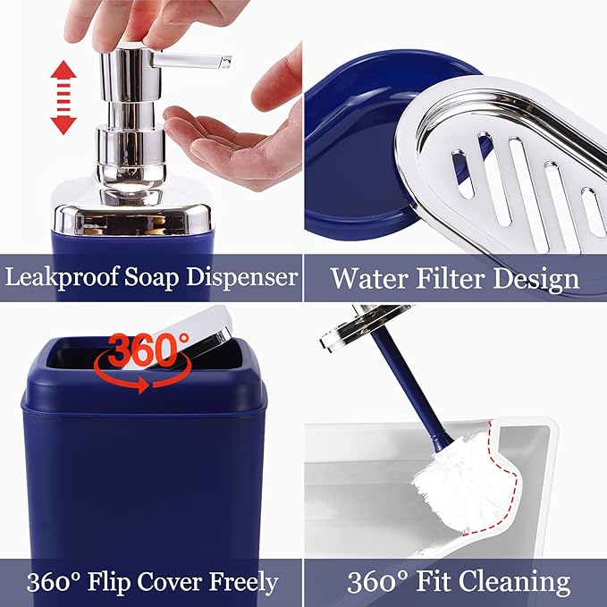 Blue Bathroom Accessories Set, Bathroom Sets with Shower Curtain, Navy Blue Bathroom Accessories with Trash Can, Soap Dispenser, Soap Dish, Toilet Brush Holder, Qtip Holders for Bathroom