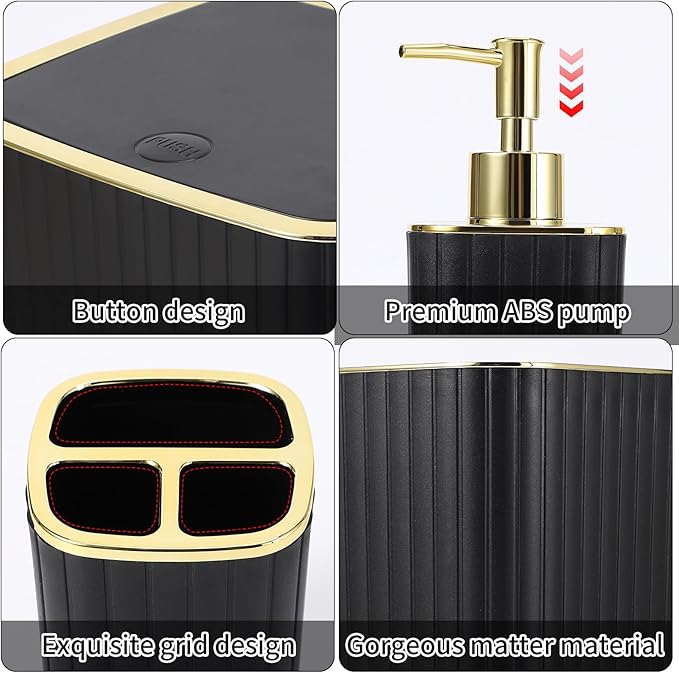 Bathroom Set with Shower Curtain and Rugs- 25PC Bathroom Accessory Set, Black Shower Curtain Set, Toilet Brush, Trash Can, Qtip Holder Dispenser & Soap Dispenser