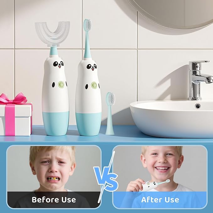 Kids U-Shaped Electric Toothbrush with 2 Brush Heads, Toddlers Sonic with 360 Degree Cleaning, Soft Bristles, Battery Included, IPX7 Waterproof, Cute cartoon for Girls and Boys, Ages 2-7 (Blue)