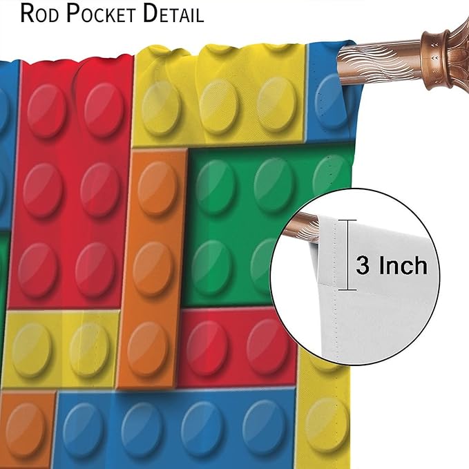 Building Block Toy Curtain Rod Pocket Children's Nursery Abstract Outline Colorful Toy Cartoon Theme Brick Geometric Print Curtain, Blackout Curtain for Boys and Girls Room 55x63in