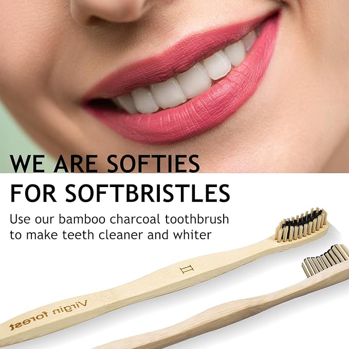 Eco-Friendly Bamboo Toothbrushes - 6 Pack Biodegradable with Charcoal Soft Bristles | Sustainable Dental Care