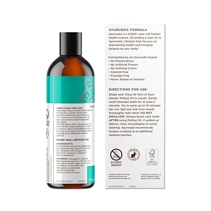 GuruNanda CocoMint Oil Pulling Mouthwash for Complete Oral Hygiene, 7 Essential Oils & Vitamins for Happy Teeth & Gums & Fresh Breath, with 2 Toothbrushes & Tongue Scraper, Alcohol-Free, 6X8 oz