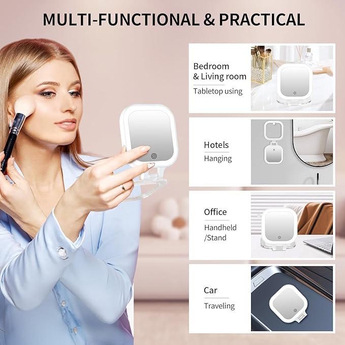 FUNTOUCH Travel Makeup Mirror with Light, 1X/30X Magnifying Mirror with 3 Light Settings & Adjustable Brightness,Rechargeable Folding Compact Double Sides Mirrorwith PU Bag, White