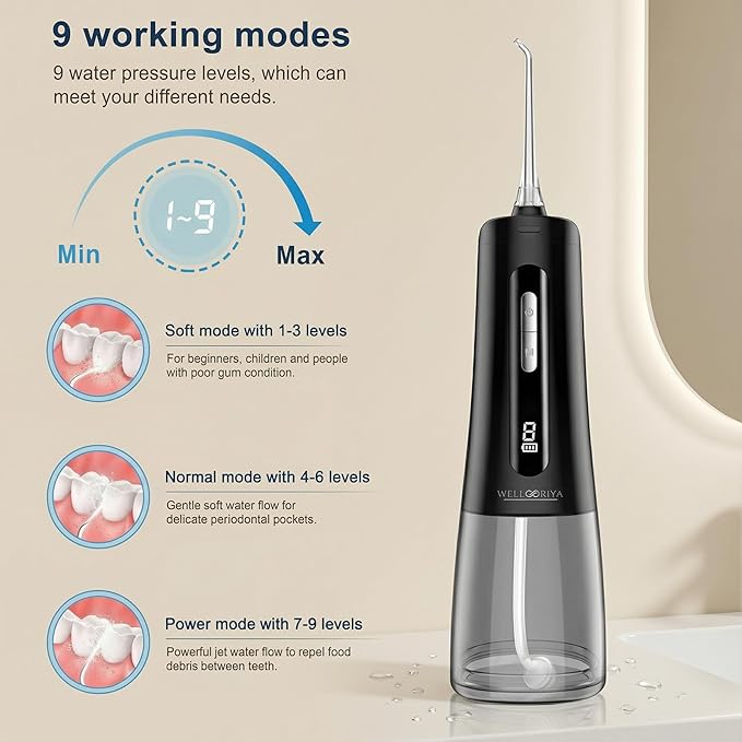 Cordless Water Flosser for Teeth – 300mL Large Tank, 9 Pressure Levels, LED Display, USB-C Rechargeable, IPX7 Waterproof Dental Oral Irrigator for Home & Travel (Black)