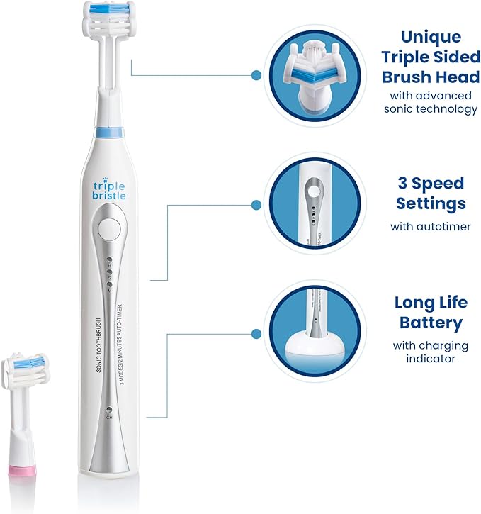 Triple Bristle Original Sonic Toothbrush | Rechargeable 31,000 VPM Tooth Brush | Patented 3 Head Design | Angled Bristles Clean Each Tooth | Dentist Created & Approved | Triple Bristle Original 2 Pack