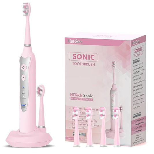 Sonic Electric Toothbrush for Adults with 5 Toothbrush Replacement Heads, 3 Brushing Modes & 2 Minutes Built-in Timer, Travel Toothbrushes with Inductive Charging, Rechargeable toothbrush | Pink