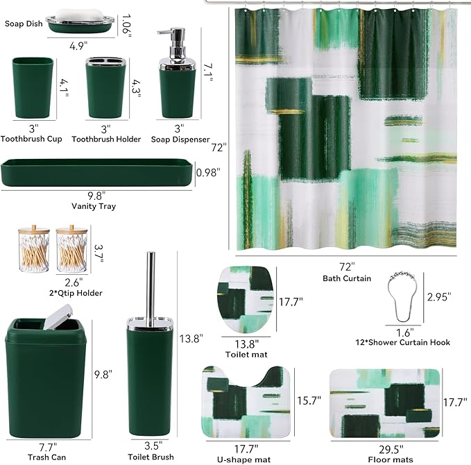 Bathroom Set - Dark Green Bathroom Accessories Set, Bathroom Sets with Shower Curtain and Rugs, Green Shower Curtain Set with Bathroom Trash Can, Soap Dispenser, Soap Dish for Home Decor