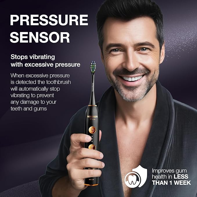 Wagner Stern WT8900 Series Electric Toothbrush – Whitening & Pressure Sensor, 5 Modes, 3 Intensities, 8 Soft Brush Heads, Rechargeable, Travel Case Included