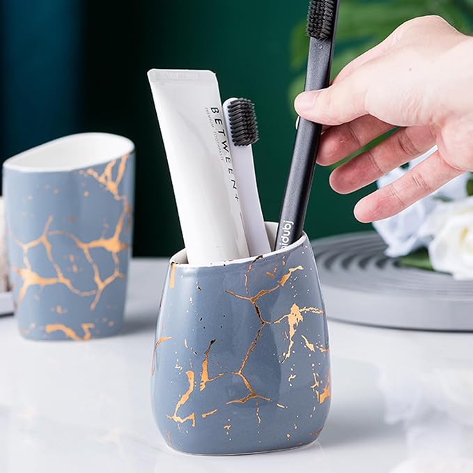 Gray Bathroom Accessories Set,Gold Marble Look Bathroom Decor,Modern 6 Piece Bathroom Accessory Set,Complete with Soap Dispenser,Toothbrush Holder,Tumbler,Tray Countertop