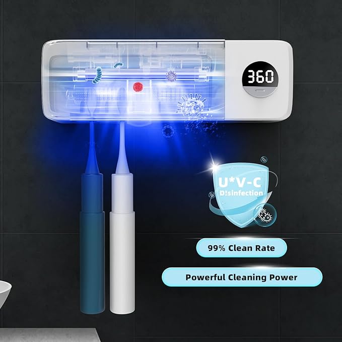 Sanitizeri Toothbrush Holder, Sanitizeri Toothbrush Cleaner, 2000mAh Rechargeable Cordless Wall Mounted Holders for Bathroom, 4 Slots & Timer Function, White