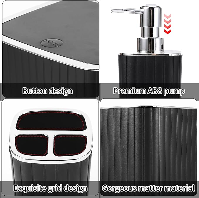 Bathroom Accessories Set - Gorgeous Bathroom Set, 10PC Black Bathroom Accessory Set, Toilet Brush, Trash Can, Qtip Holder Dispenser & Soap Dispenser