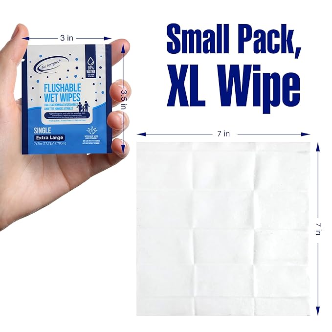 Air Jungles Flushable Wipes Individually Wrapped 50 Ct, with Aloe Vera & Vitamin E, Travel Size Wet Cleansing Wipes for Adult, Fresh Scent, Alcohol Free - XL 7 × 7 in