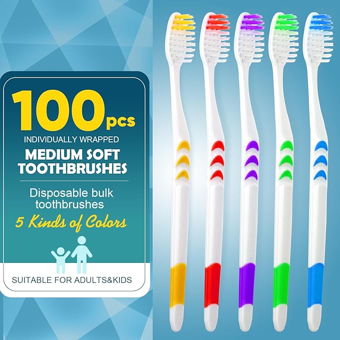 Navona 100 PCS Premium Toothbrushes Bulk, Individually Wrapped Toothbrushes, Disposable Toothbrush, Medium Soft Bristle Bulk Toothbrushe for Travel Hotel Donation, Ergonomics Handle