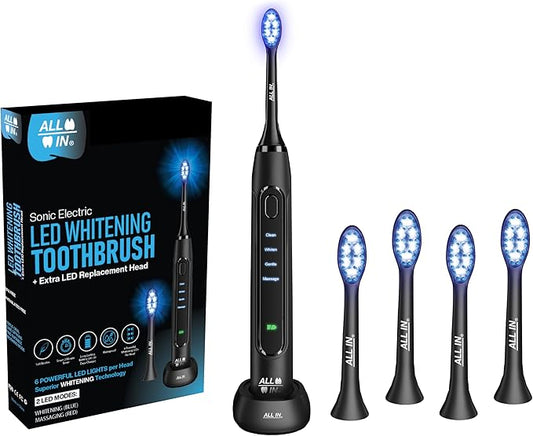 ALL IN Sonic LED Whitening Toothbrush and Replacement Heads Full Set - Blue & RED LED Light Technology - 4 Advanced Deep Cleaning Modes with a Timer - Adult Toothbrush - BPA Free and PHTHALATES Free