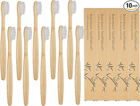SEVENHEAD 10 PCS Bamboo Toothbrushes Soft Bristles Wooden Toothbrushes for Adult, Natural Biodegradable BPA Free Eco Friendly Toothbrushes White