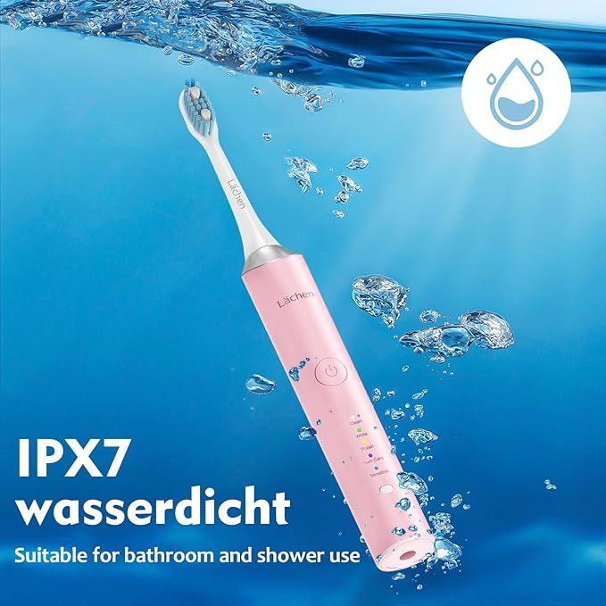 Lächen Electric Toothbrush for Adults – Sonic Rechargeable, 5 Modes & Smart Timer, Travel Case & Wireless Charging, 4 Brush Heads, IPX7 Waterproof (Pink)