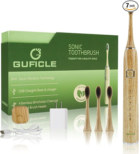Bamboo Electric Toothbrush, Sonic Electric Bamboo Toothbrush for Adults, IPX7 Waterproof Rechargeable Toothbrush, 5 Cleaning Modes, 4 Bamboo Brush Heads Soft Bristle
