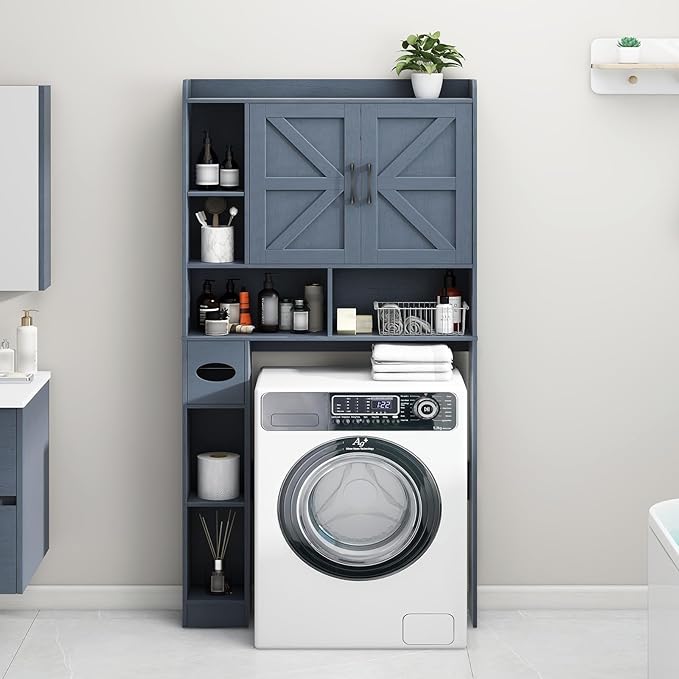 Vabches Over The Toilet Storage Cabinet, Farmhouse Storage Cabinet Over Toilet with 2 Barn Door & Toilet Paper Holder Stand，Home Space-Saving Toilet Rack, for Bathroom, Restroom, Laundry,Blue