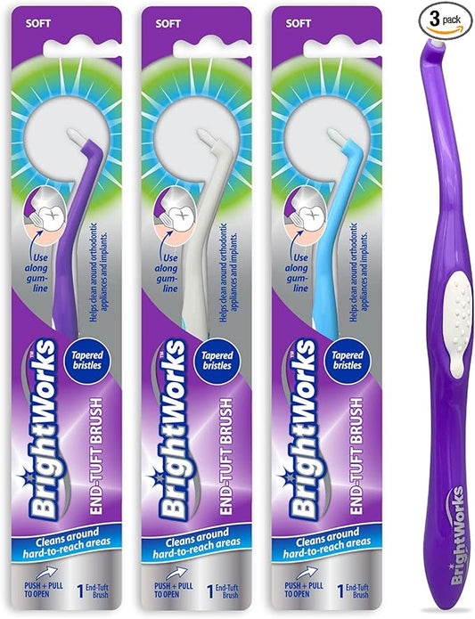 BrightWorks Manual End Tuft Brush, Cleans Difficult Areas Such as Around Crowns, Bridges, implants and Wider Gaps Between Teeth (Pack of 3)