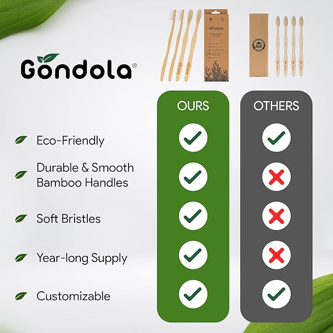 Gondola Organic Bamboo Toothbrushes (Adults - 4 Count (Pack of 1))