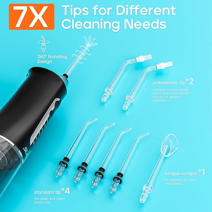 SEAGO Water Dental Flosser Cordless for Teeth, 5 Modes and 7 Nozzles, Dental Water Flosser 300mL, DIY Mode Memory Function, IPX7 Waterproof Dental Flosser, SG8019 Black