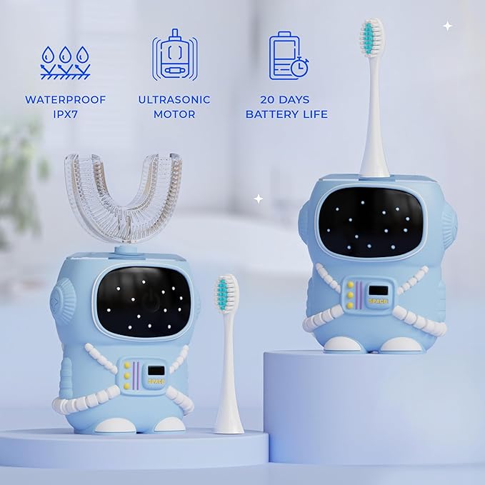 Bendi Kids U-Shaped Electric Toothbrush Ages 2-7 – 360° Mouthguard Design with Memory, 5 Brushing Modes & Multiple Heads Soft Silicone Auto Toothbrush for Toddlers & Children – Travel-Friendly (Blue)