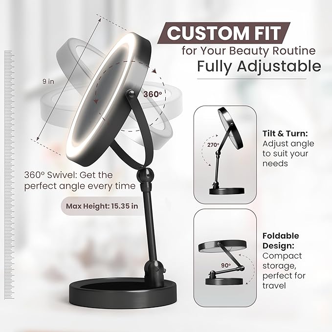 Smart 9" LED Light Makeup Mirror, Rechargeable, 1X/10X Magnifying Vanity Mirror with 3 Color Lights, Height Adjustable, Large Tall 360° Swivel Double Sided Standing Travel Mirror (Black)