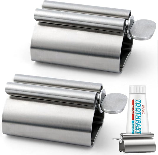 LOVEINUSA Toothpaste Tube Squeezer Dispenser, 2PCS Toothpaste Roller Squeezer Tool Metal Tooth Paste Holder for Bathroom, Silver