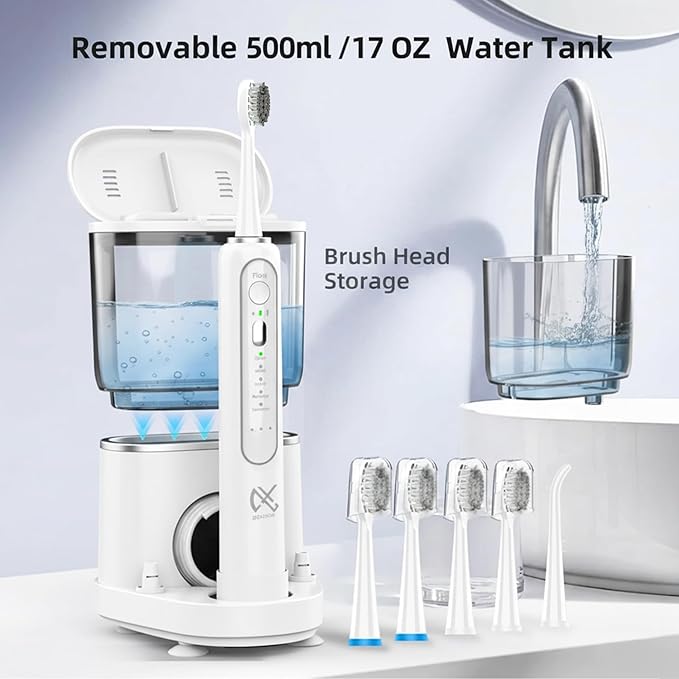 Professional Flossing Electric Toothbrush with Water Flosser, Water Flossers for Teeth 2 in 1 Toothbrush and Water Flosser Combo, Sonic Electric Toothbrush Cordless Flossing Brush (White)