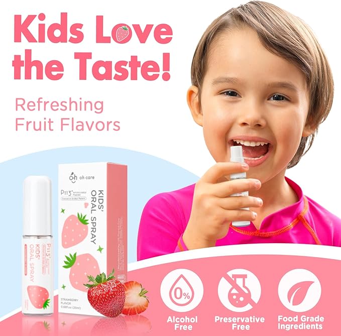 Mouth Spray for Kids Toddler Toothpaste Helper Fluoride Free Baby Toothpaste Cavity Protection Oral Care with Natural P113+ Antibacterial Peptide for Newborns to Age 6 (Grape&Strawberry)