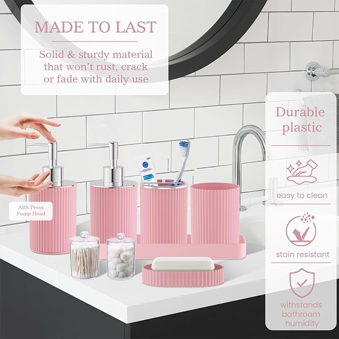 Light Pink Bathroom Accessories Set - Bathroom Sets, 25PC Bath Accessory Set, Bathroom Sets with Push Top Trash Can, Shower Curtain and Rugs, Toilet Brush, Trash Can & Soap Dispenser